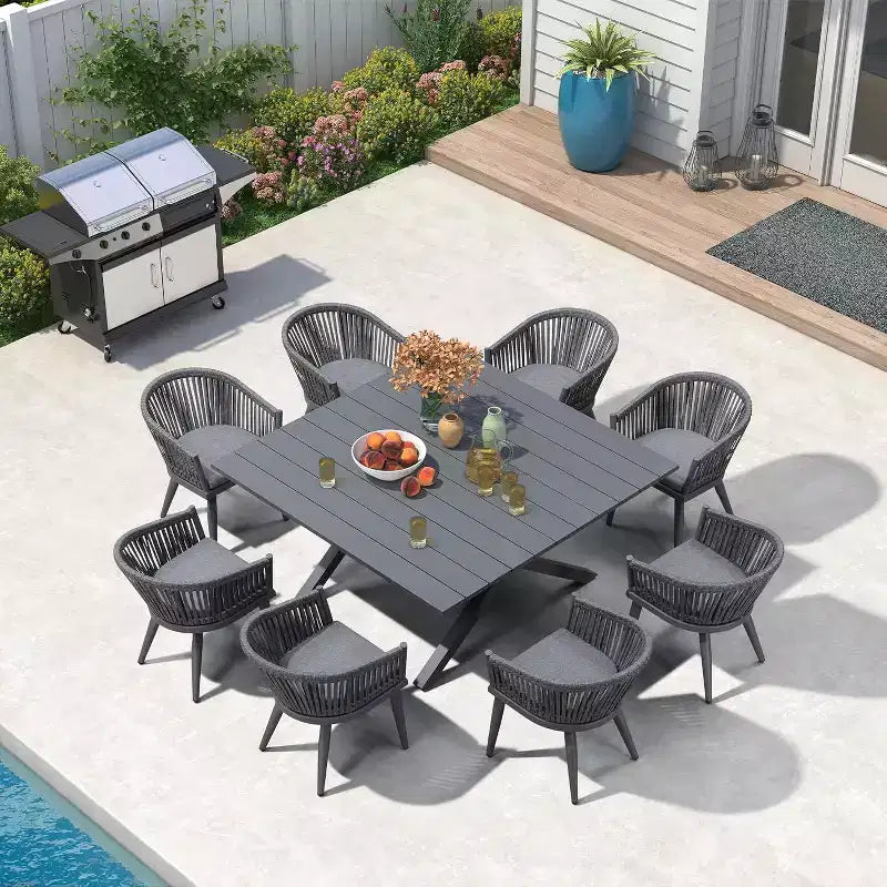 PURPLE LEAF Ensemble de salle à manger d'extérieur avec table à manger en aluminium de patio et chaises en rotin tressé, ensemble de coussins de meubles modernes pour jardin.