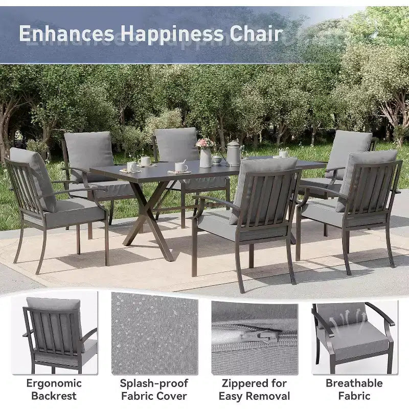ALAULM Ensemble de Salle à Manger d'Extérieur 7 Pièces, Meubles de Patio en Métal avec 6 Chaises Fixes et Grande Table