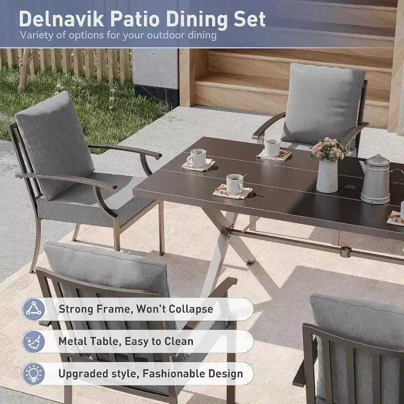 ALAULM Ensemble de Salle à Manger d'Extérieur 7 Pièces, Meubles de Patio en Métal avec 6 Chaises Fixes et Grande Table