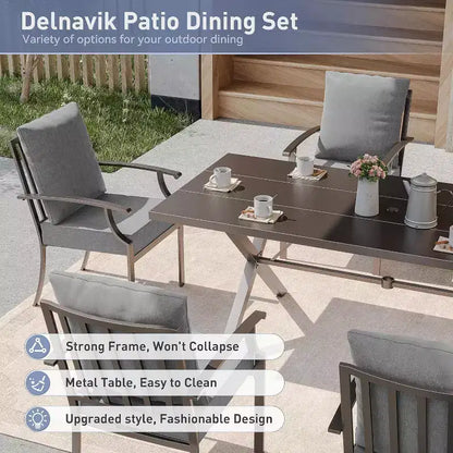 ALAULM Ensemble de Salle à Manger d'Extérieur 7 Pièces, Meubles de Patio en Métal avec 6 Chaises Fixes et Grande Table