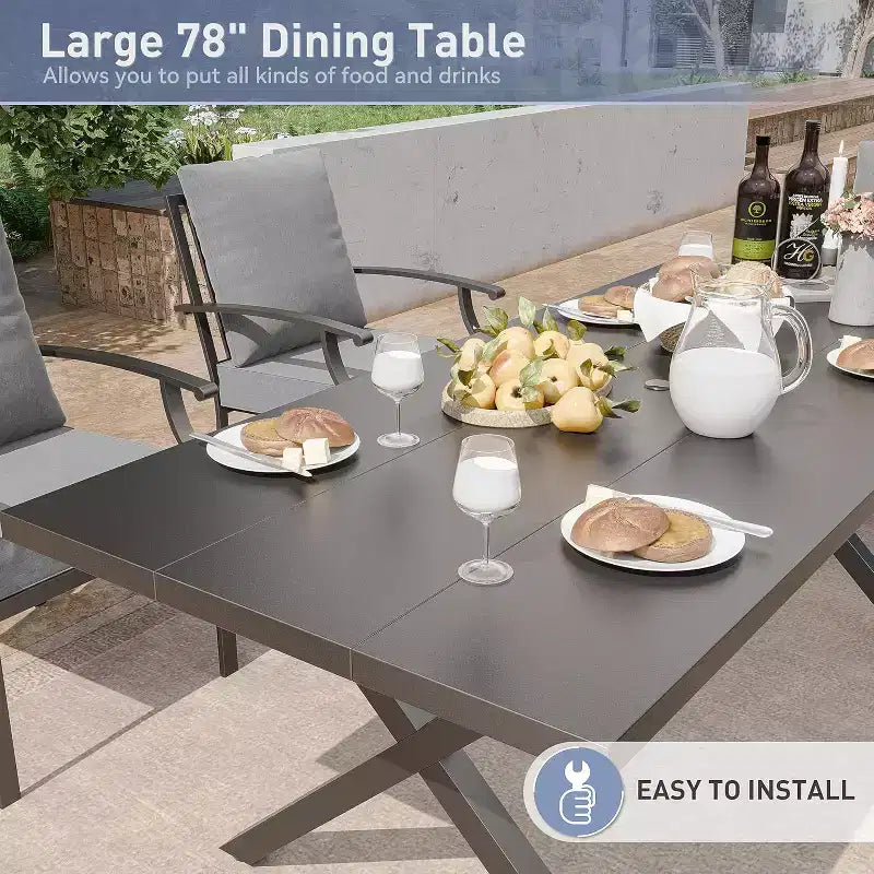 ALAULM Ensemble de Salle à Manger d'Extérieur 7 Pièces, Meubles de Patio en Métal avec 6 Chaises Fixes et Grande Table