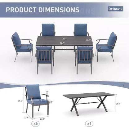 ALAULM Ensemble de Salle à Manger d'Extérieur 7 Pièces, Meubles de Patio en Métal avec 6 Chaises Fixes et Grande Table