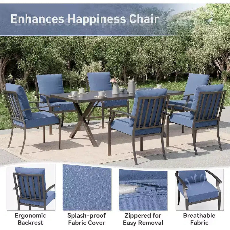 ALAULM Ensemble de Salle à Manger d'Extérieur 7 Pièces, Meubles de Patio en Métal avec 6 Chaises Fixes et Grande Table