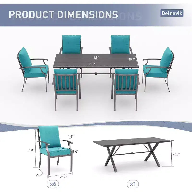 ALAULM Ensemble de Salle à Manger d'Extérieur 7 Pièces, Meubles de Patio en Métal avec 6 Chaises Fixes et Grande Table