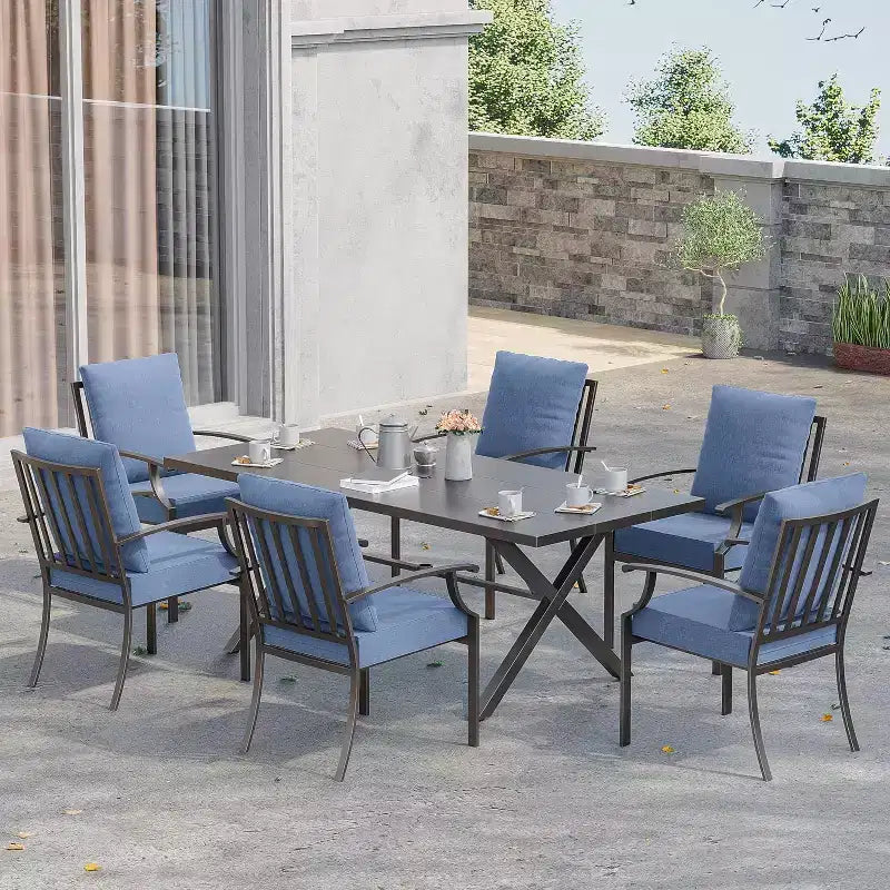 ALAULM Ensemble de Salle à Manger d'Extérieur 7 Pièces, Meubles de Patio en Métal avec 6 Chaises Fixes et Grande Table