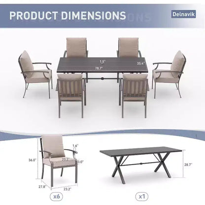 ALAULM Ensemble de Salle à Manger d'Extérieur 7 Pièces, Meubles de Patio en Métal avec 6 Chaises Fixes et Grande Table
