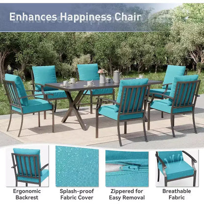 ALAULM Ensemble de Salle à Manger d'Extérieur 7 Pièces, Meubles de Patio en Métal avec 6 Chaises Fixes et Grande Table