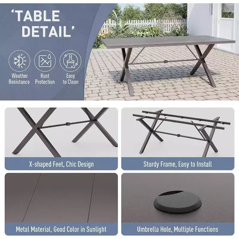 ALAULM Ensemble de Salle à Manger d'Extérieur 7 Pièces, Meubles de Patio en Métal avec 6 Chaises Fixes et Grande Table