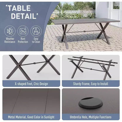 ALAULM Ensemble de Salle à Manger d'Extérieur 7 Pièces, Meubles de Patio en Métal avec 6 Chaises Fixes et Grande Table