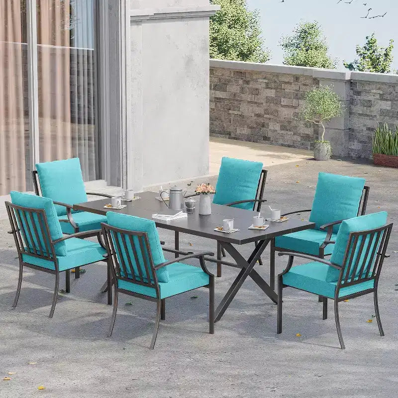 ALAULM Ensemble de Salle à Manger d'Extérieur 7 Pièces, Meubles de Patio en Métal avec 6 Chaises Fixes et Grande Table