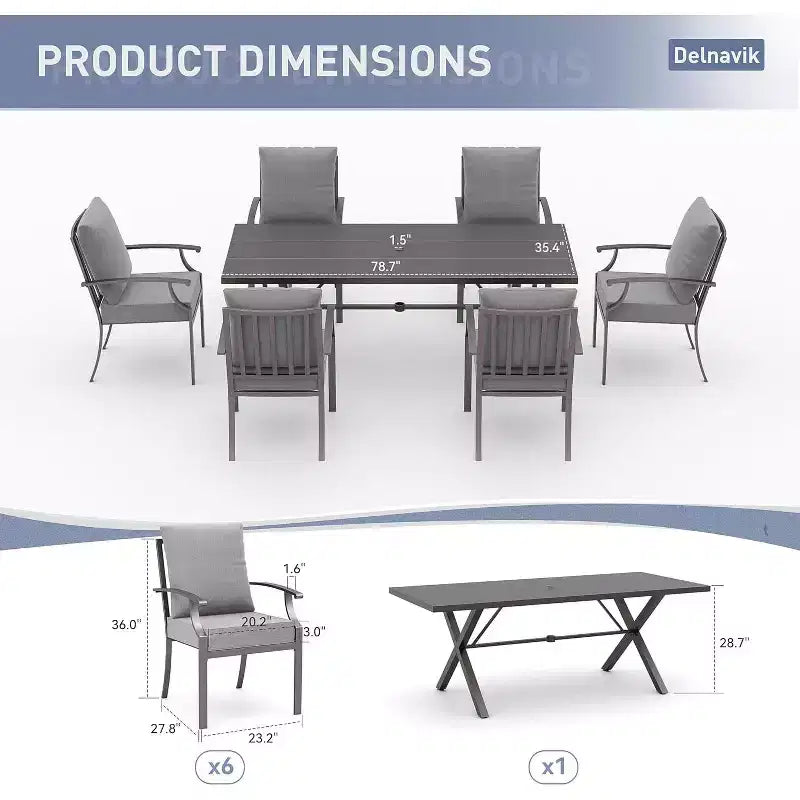 ALAULM Ensemble de Salle à Manger d'Extérieur 7 Pièces, Meubles de Patio en Métal avec 6 Chaises Fixes et Grande Table
