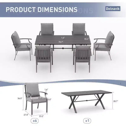 ALAULM Ensemble de Salle à Manger d'Extérieur 7 Pièces, Meubles de Patio en Métal avec 6 Chaises Fixes et Grande Table