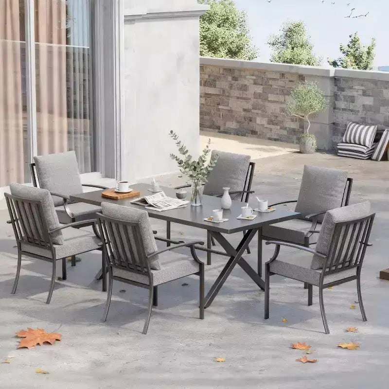 ALAULM Ensemble de Salle à Manger d'Extérieur 7 Pièces, Meubles de Patio en Métal avec 6 Chaises Fixes et Grande Table