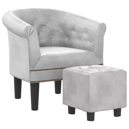 Tub Chair with Footstool ¨C Silver Faux Leather, Button-Tufted, Pine Wood Frame ¨C immagine prodotto 1