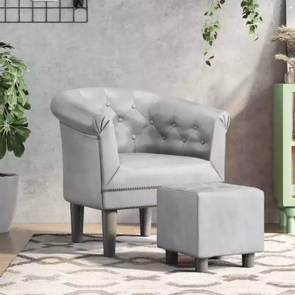 Tub Chair with Footstool ¨C Silver Faux Leather, Button-Tufted, Pine Wood Frame