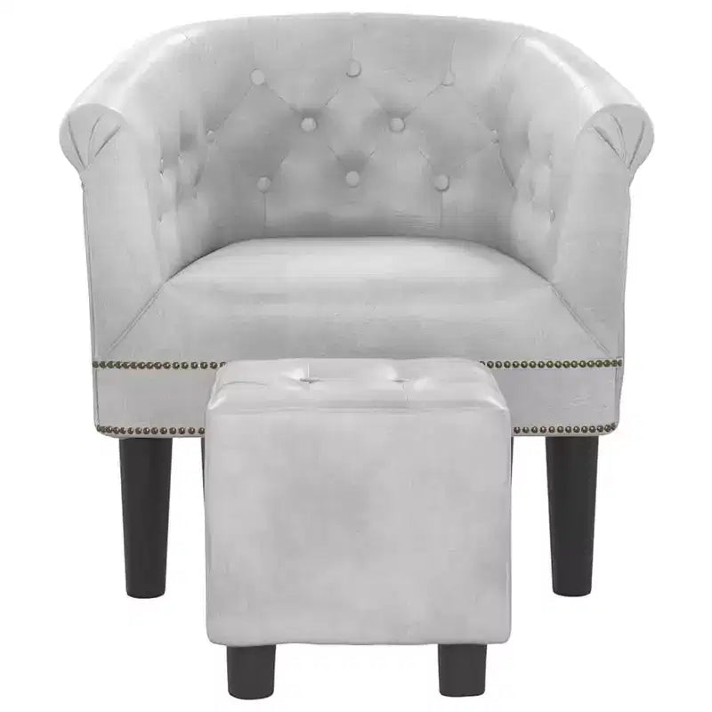 Tub Chair with Footstool ¨C Silver Faux Leather, Button-Tufted, Pine Wood Frame