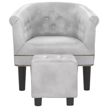 Tub Chair with Footstool ¨C Silver Faux Leather, Button-Tufted, Pine Wood Frame