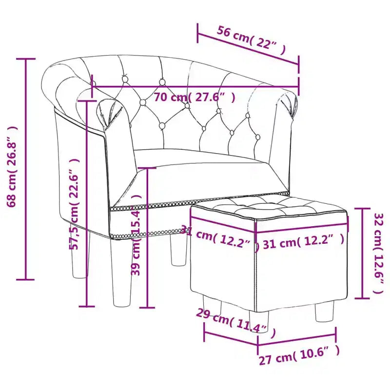 Tub Chair with Footstool ¨C Silver Faux Leather, Button-Tufted, Pine Wood Frame
