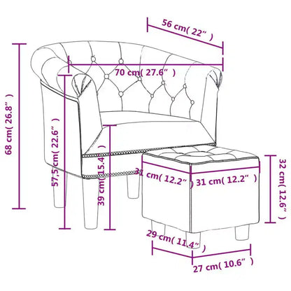 Tub Chair with Footstool ¨C Silver Faux Leather, Button-Tufted, Pine Wood Frame