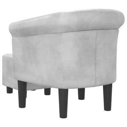 Tub Chair with Footstool ¨C Silver Faux Leather, Button-Tufted, Pine Wood Frame