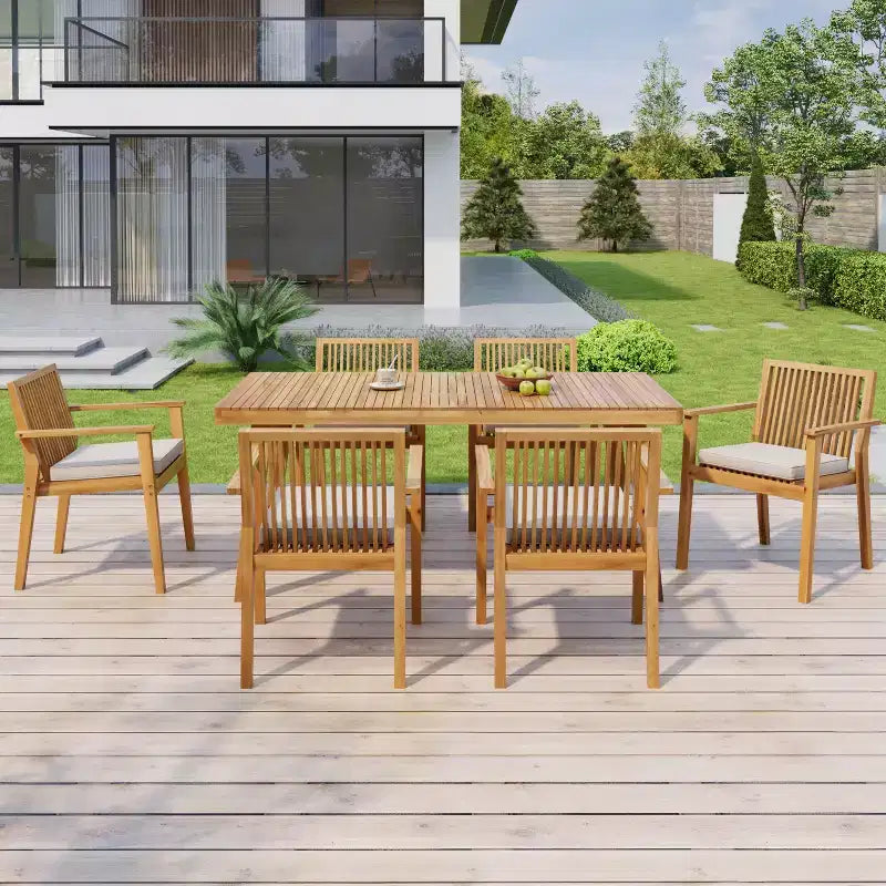 Ensemble de salle à manger d'extérieur en bois d'acacia Christopher Knight Home Caitlyn Rustic 7 pièces avec coussins