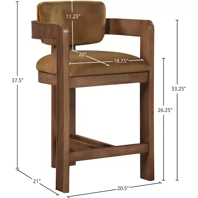 Saddle Velvet Counter Stool ¨C Fluted Walnut Wood, 460 GSM Velvet