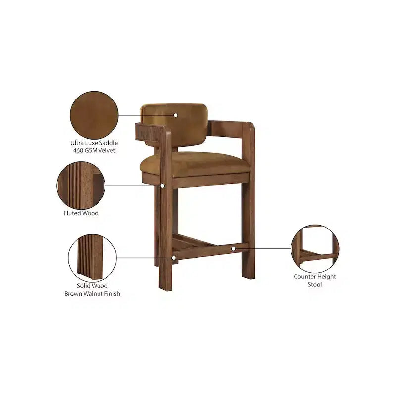 Saddle Velvet Counter Stool ¨C Fluted Walnut Wood, 460 GSM Velvet