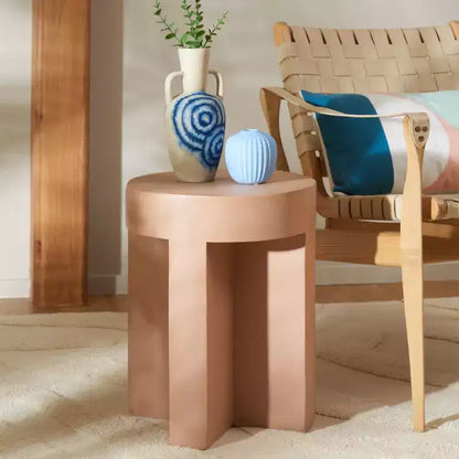 Round Accent Table ¨C White Sculptural Cross Base, Modern Indoor Design