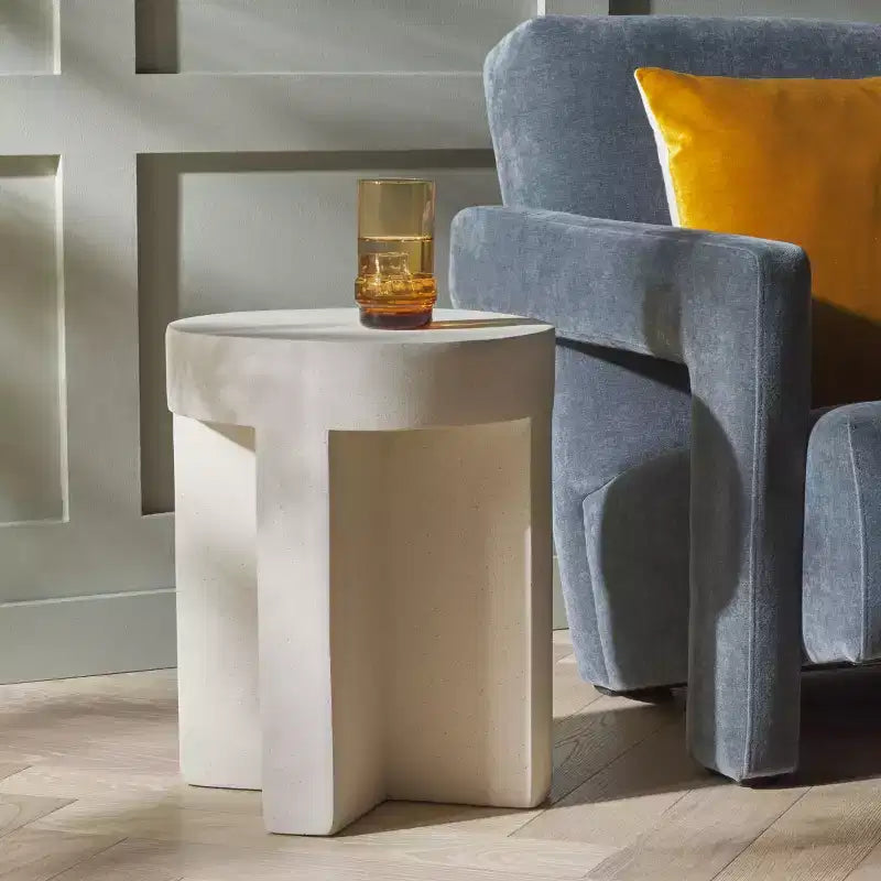 Round Accent Table ¨C White Sculptural Cross Base, Modern Indoor Design