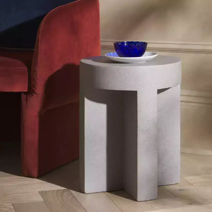 Round Accent Table ¨C White Sculptural Cross Base, Modern Indoor Design