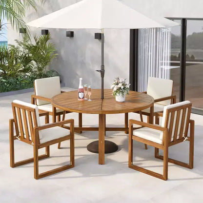ModernLuxe — Ensemble de repas extérieur 5 pièces avec 4 fauteuils et 1 table pour jardin, balcon, arrière-cour, cadre en bois d'acacia, beige + naturel