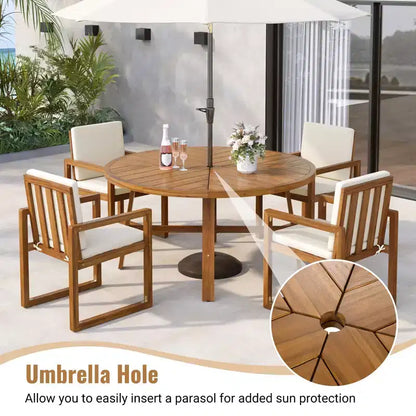 ModernLuxe — Ensemble de repas extérieur 5 pièces avec 4 fauteuils et 1 table pour jardin, balcon, arrière-cour, cadre en bois d'acacia, beige + naturel
