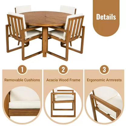 ModernLuxe — Ensemble de repas extérieur 5 pièces avec 4 fauteuils et 1 table pour jardin, balcon, arrière-cour, cadre en bois d'acacia, beige + naturel
