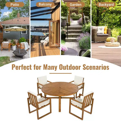 ModernLuxe — Ensemble de repas extérieur 5 pièces avec 4 fauteuils et 1 table pour jardin, balcon, arrière-cour, cadre en bois d'acacia, beige + naturel
