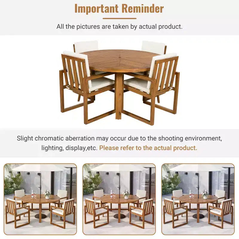ModernLuxe — Ensemble de repas extérieur 5 pièces avec 4 fauteuils et 1 table pour jardin, balcon, arrière-cour, cadre en bois d'acacia, beige + naturel