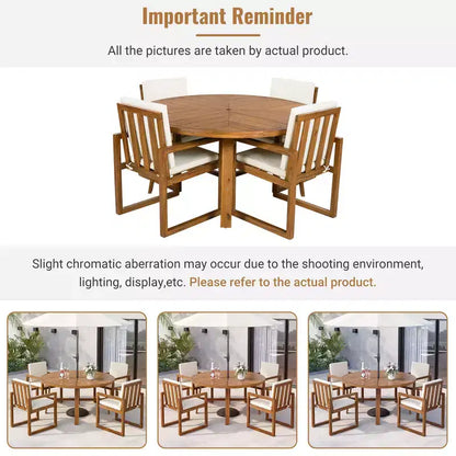 ModernLuxe — Ensemble de repas extérieur 5 pièces avec 4 fauteuils et 1 table pour jardin, balcon, arrière-cour, cadre en bois d'acacia, beige + naturel