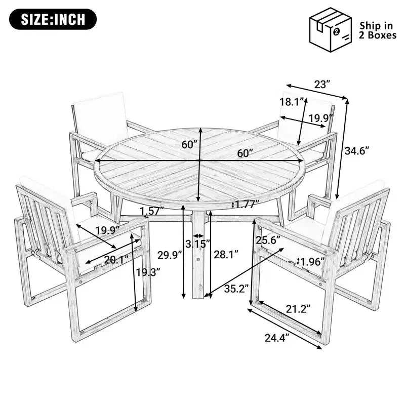 ModernLuxe — Ensemble de repas extérieur 5 pièces avec 4 fauteuils et 1 table pour jardin, balcon, arrière-cour, cadre en bois d'acacia, beige + naturel