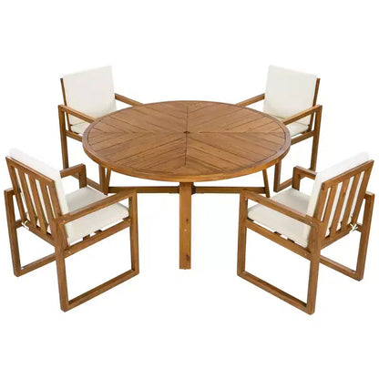 ModernLuxe — Ensemble de repas extérieur 5 pièces avec 4 fauteuils et 1 table pour jardin, balcon, arrière-cour, cadre en bois d'acacia, beige + naturel