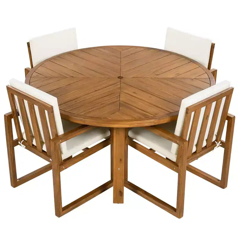 ModernLuxe — Ensemble de repas extérieur 5 pièces avec 4 fauteuils et 1 table pour jardin, balcon, arrière-cour, cadre en bois d'acacia, beige + naturel