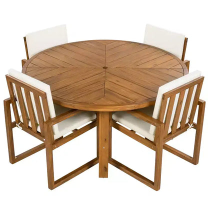 ModernLuxe — Ensemble de repas extérieur 5 pièces avec 4 fauteuils et 1 table pour jardin, balcon, arrière-cour, cadre en bois d'acacia, beige + naturel