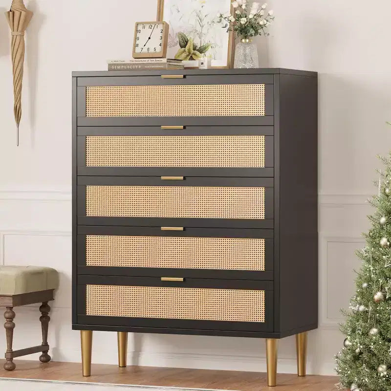 Tall Rattan 5-Drawer Dresser ¨C Space-Saving Vertical Storage with Metal Accents ¨C immagine prodotto 1