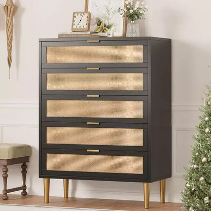 Tall Rattan 5-Drawer Dresser ¨C Space-Saving Vertical Storage with Metal Accents ¨C immagine prodotto 1