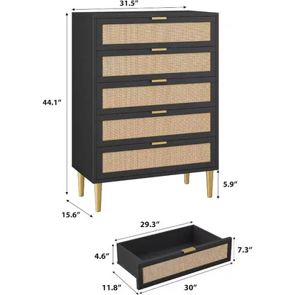 Tall Rattan 5-Drawer Dresser ¨C Space-Saving Vertical Storage with Metal Accents