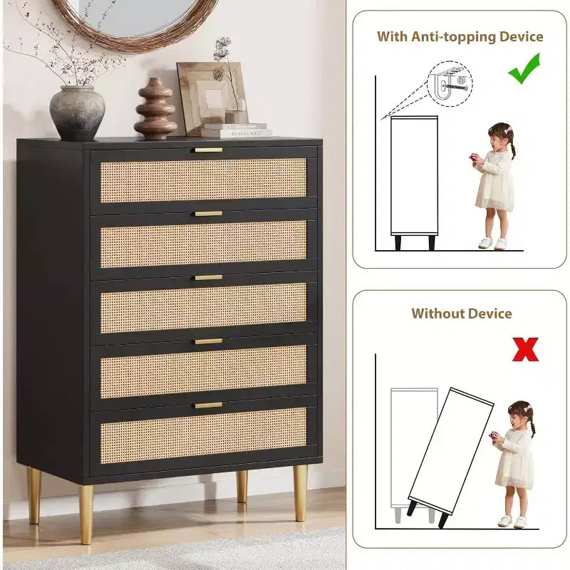 Tall Rattan 5-Drawer Dresser ¨C Space-Saving Vertical Storage with Metal Accents
