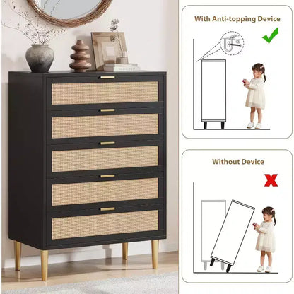 Tall Rattan 5-Drawer Dresser ¨C Space-Saving Vertical Storage with Metal Accents