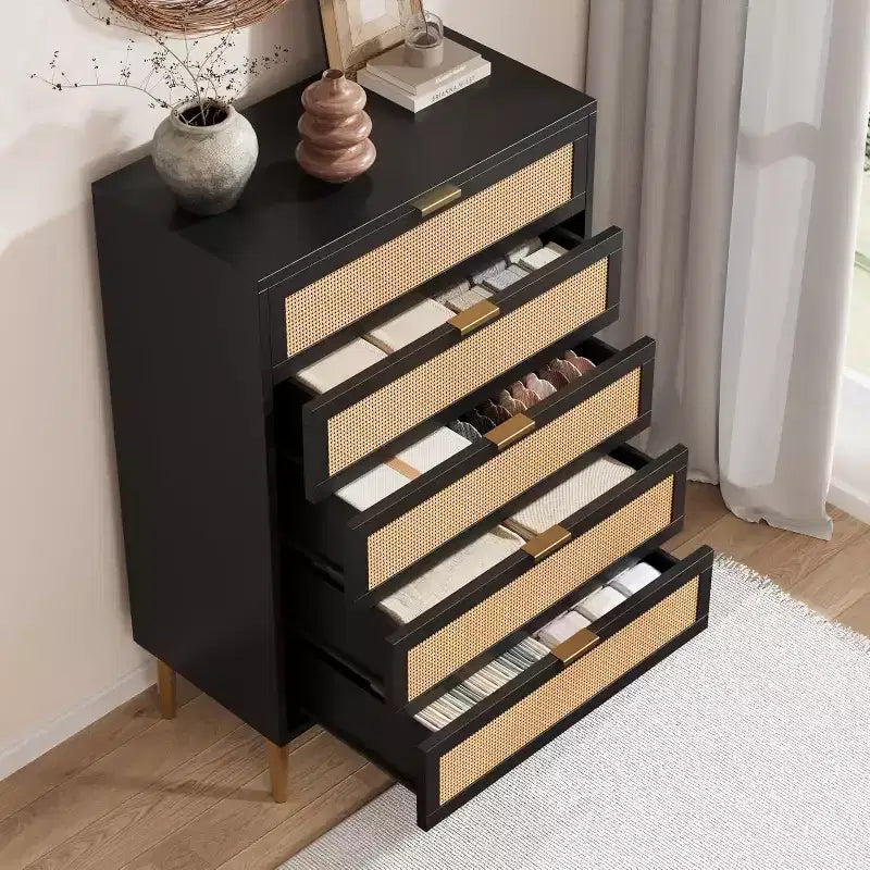 Tall Rattan 5-Drawer Dresser ¨C Space-Saving Vertical Storage with Metal Accents