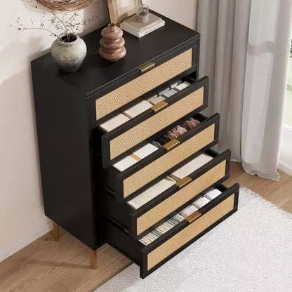 Tall Rattan 5-Drawer Dresser ¨C Space-Saving Vertical Storage with Metal Accents