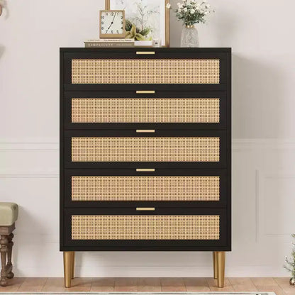 Tall Rattan 5-Drawer Dresser ¨C Space-Saving Vertical Storage with Metal Accents