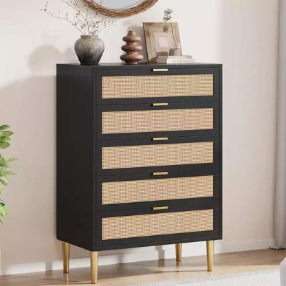 Tall Rattan 5-Drawer Dresser ¨C Space-Saving Vertical Storage with Metal Accents