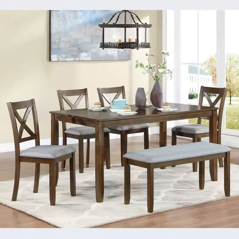 Set da pranzo MAYEERTY 7 pezzi - Tavolo rettangolare in legno e 6 sedie imbottite per riunioni di famiglia